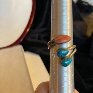 Southwestern Western Native American Turquoise Coral Silver Adjustable Ring Boho